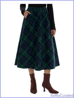 Women's Long Plaid Wool Blend A-Line High Waisted Pocket Skirt